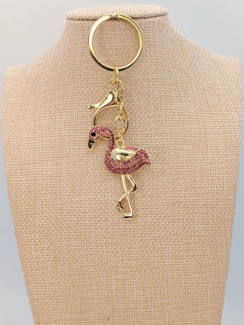 Pink Rhinestone Gold Tone Flamingo Keychain Bag Charm